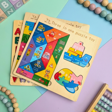 Wooden 3-in-1 Puzzle Board – Shape & Picture Learning Toy