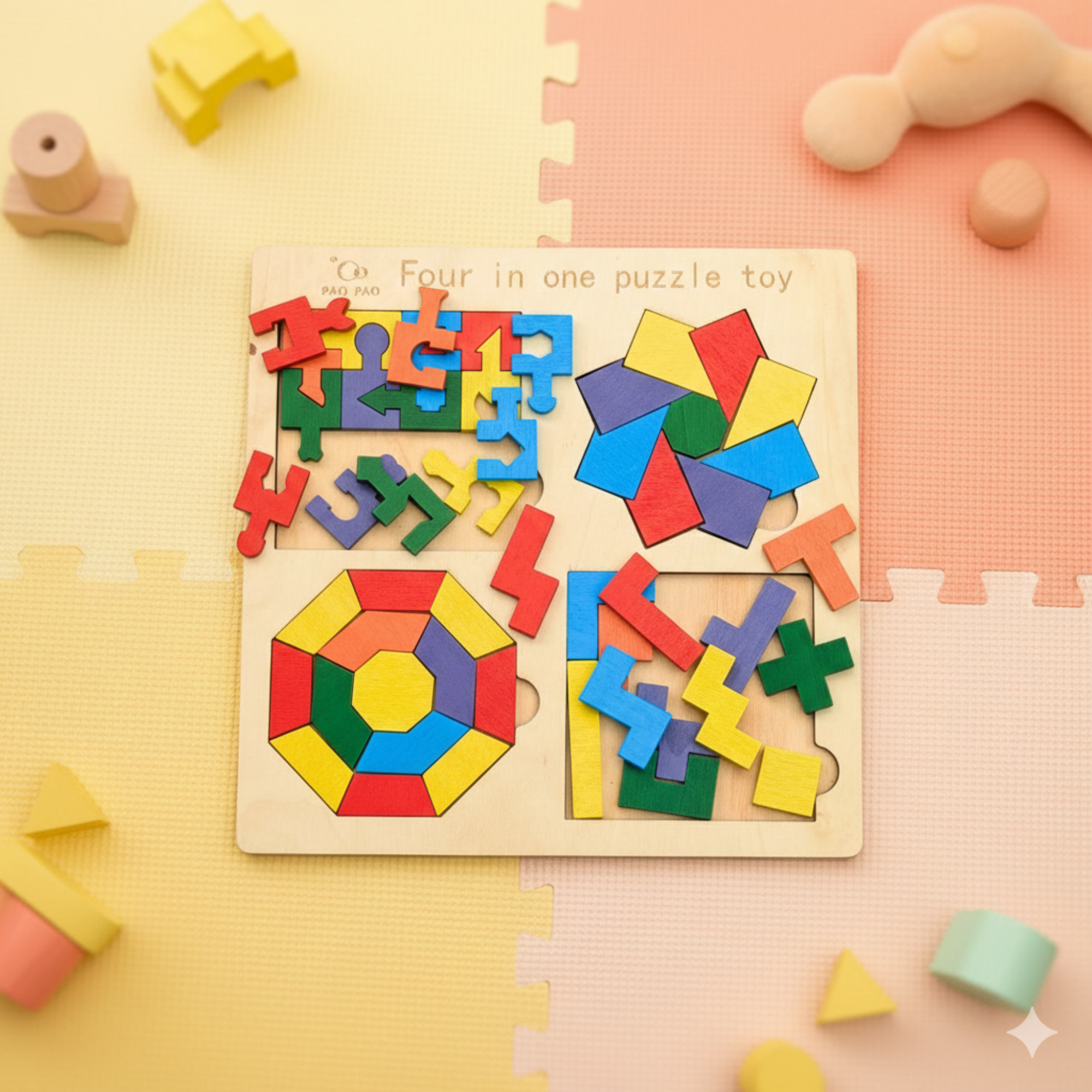 Wooden 4-in-1 Puzzle Board – Shape & Logic Learning Toy